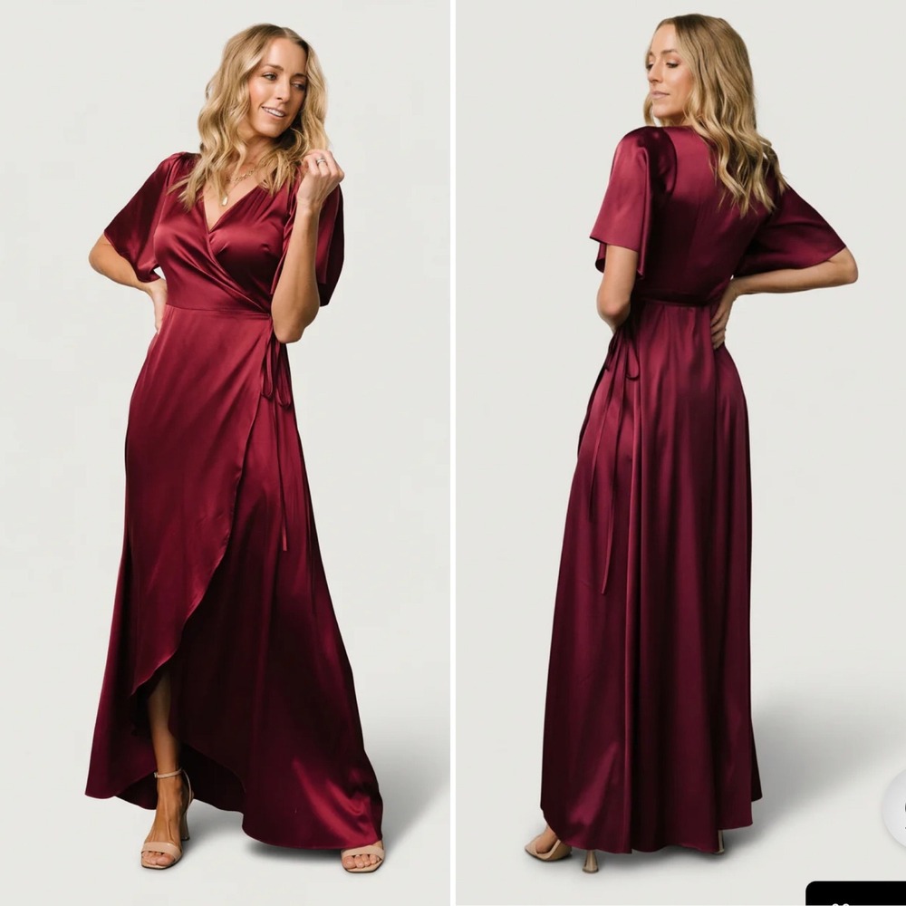 Baltic Born Burgundy Vera Satin Wrap Maxi Dress Short Sleeve burgundy Formal M